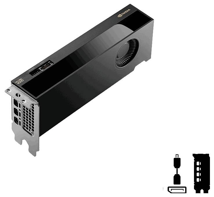 Eine schwarze NVIDIA-Grafikkarte mit einem Gebläse-Lüfter und sechs Anschlüssen, einschließlich HDMI und DisplayPort. Enthält eine Diagramm, das das Anschluss-Layout zeigt.