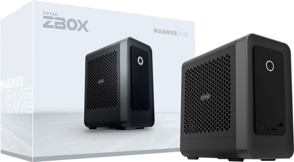 Ein kompakter, schwarzer Zotac ZBOX Magnus Mini-PC ist neben seiner Verpackung zu sehen, die den Produktnamen und ein Bild des Geräts zeigt.