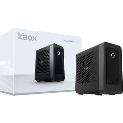 Ein kompakter, schwarzer Zotac ZBOX Magnus Mini-PC wird neben seiner Verpackung gezeigt. Die Verpackung trägt das ZBOX-Logo und den Produktnamen.