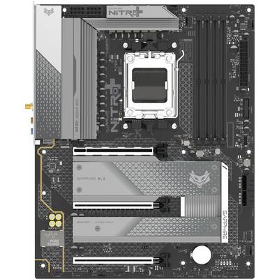 Eine Hauptplatine mit beschrifteten Steckplätzen und Bereichen für CPU, RAM und M.2-Speicher, die detaillierte Komponenten für den Computeraufbau zeigt.