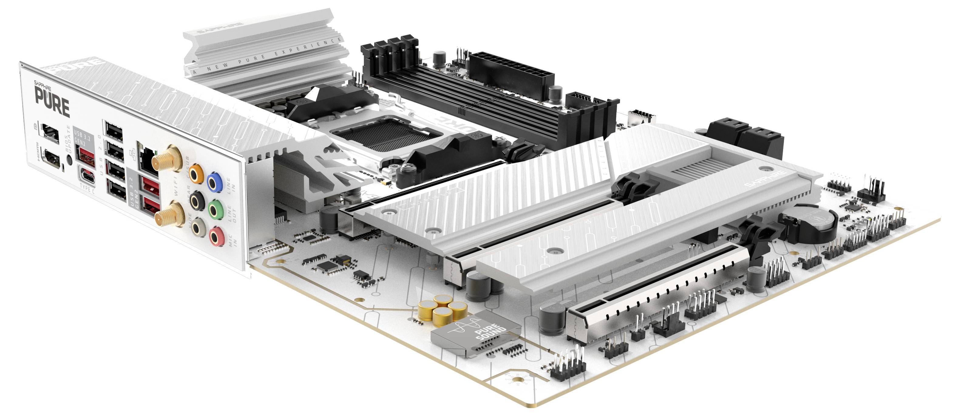 Ein weißes Computer-Motherboard mit mehreren Anschlüssen, Steckverbindern und Steckplätzen für Komponenten. Das Wort "PURE" ist auf der Seitenwand sichtbar.