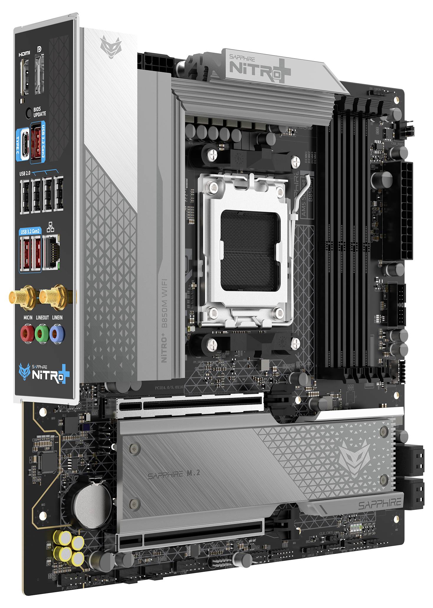 Eine Computermotherboard mit der Aufschrift "Nitro", ausgestattet mit mehreren Anschlüssen, RAM-Steckplätzen und Erweiterungssteckplätzen, entwickelt für High-Performance-Computing.