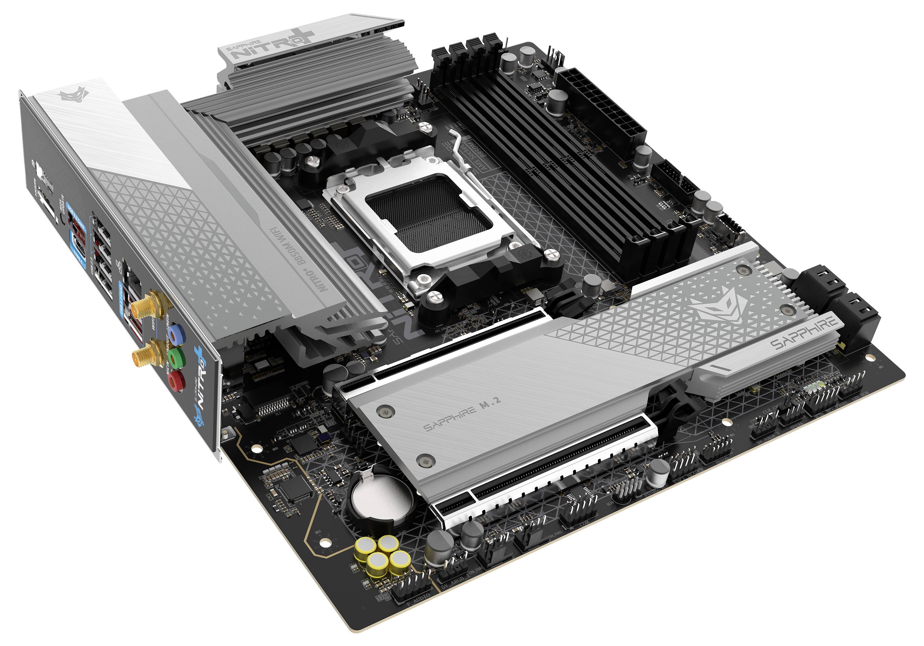 Computer-Mainboard mit mehreren Steckplätzen und Anschlüssen, ausgestattet mit zwei RAM-Steckplätzen, einem M.2-Steckplatz und einem Sockel für einen CPU, speziell für Gaming konzipiert.