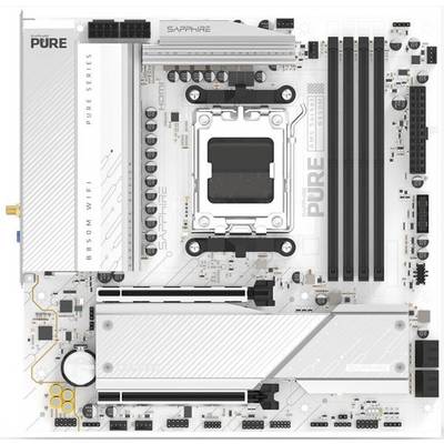 Weißes Computer-Mainboard mit mehreren Steckplätzen und Komponenten, mit den Bezeichnungen 'Pure' und 'Sapphire', konzipiert für ein High-Performance-Setup.