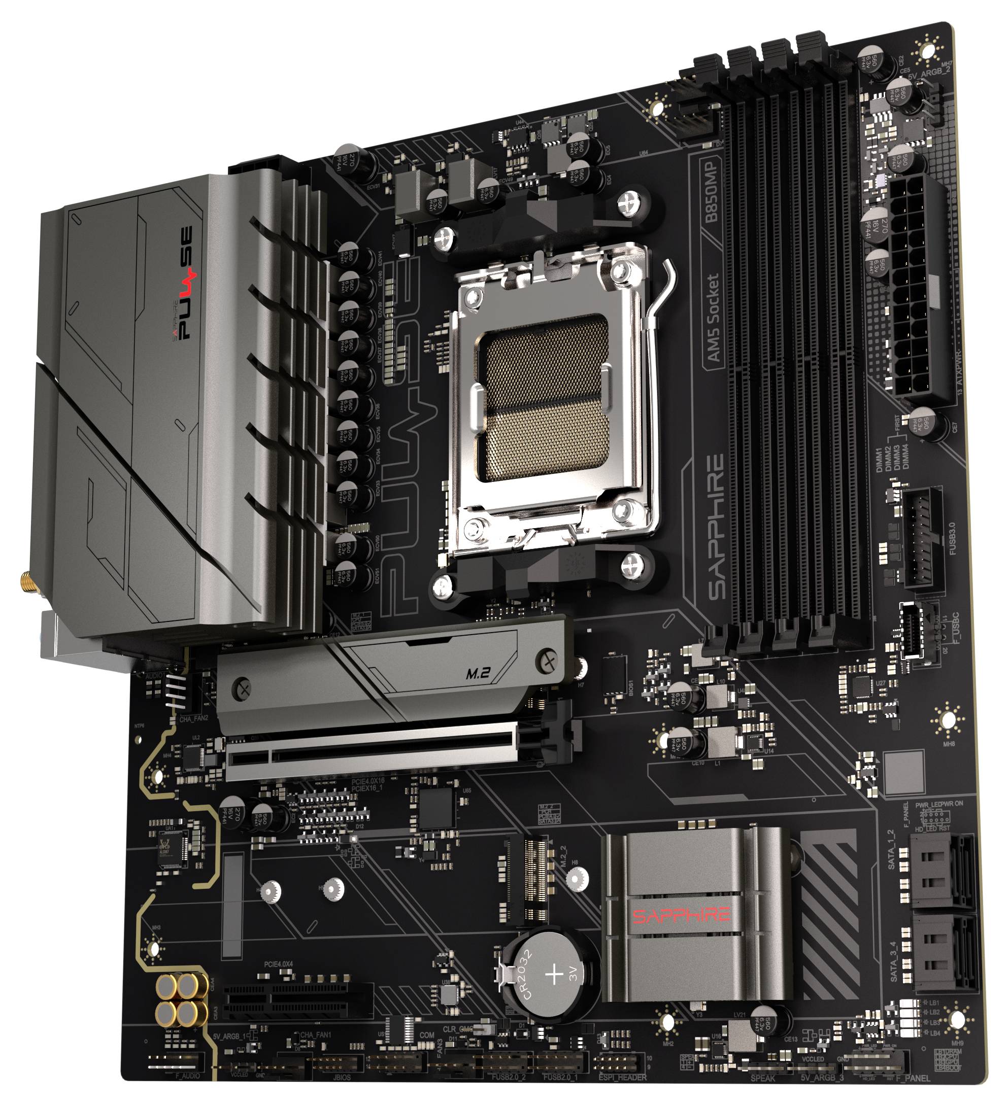 Eine Computermotherboard mit mehreren Steckplätzen für RAM, einer zentralen Buchse für einen CPU, verschiedenen Anschlüssen und Ports für Erweiterungskarten.