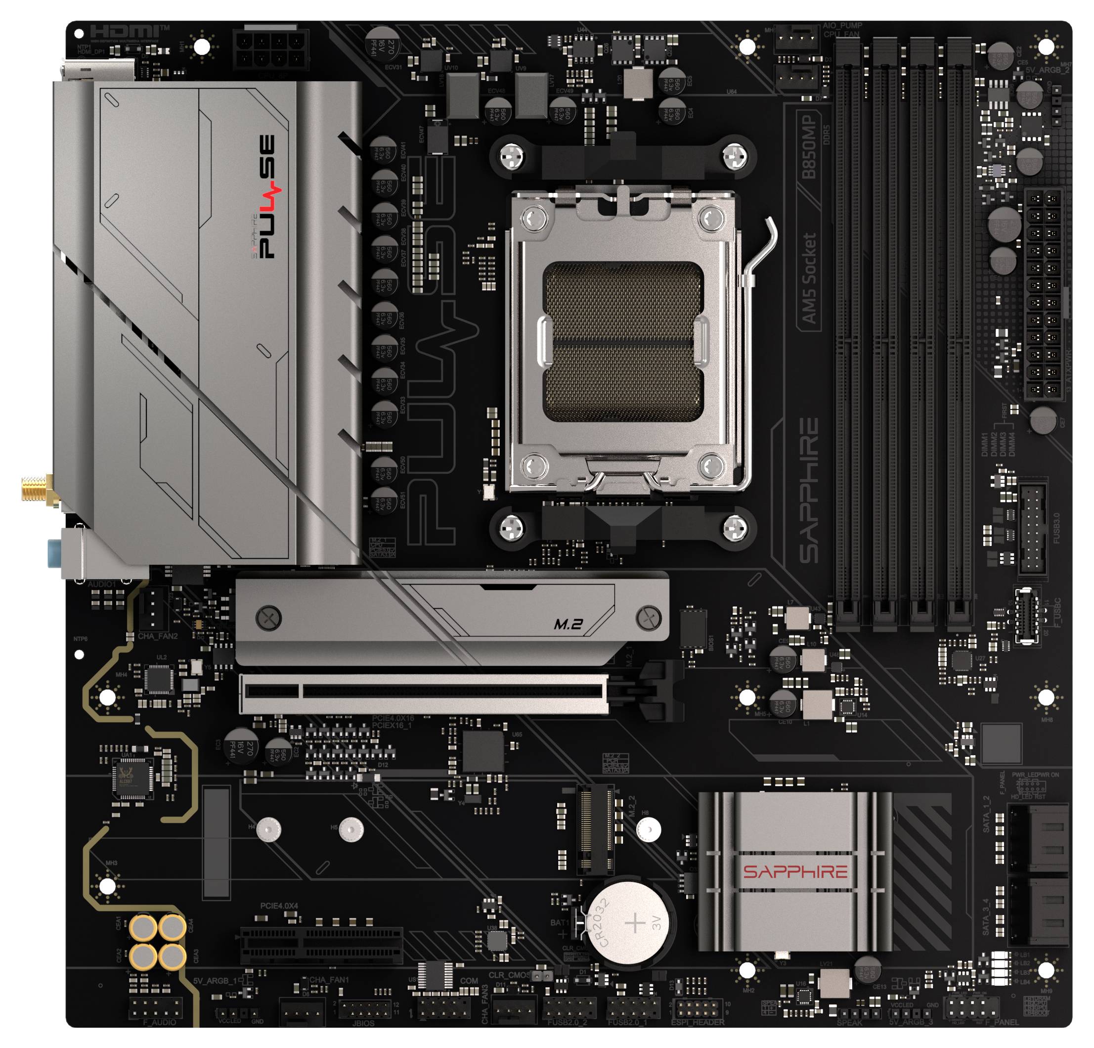 Ein Sapphire-Computerhauptplatine mit beschrifteten Steckplätzen, CPU-Sockel, RAM-Steckplätzen und Stromverbindungen. Bemerkenswerte Beschriftungen: 'PULSE', 'M2'.