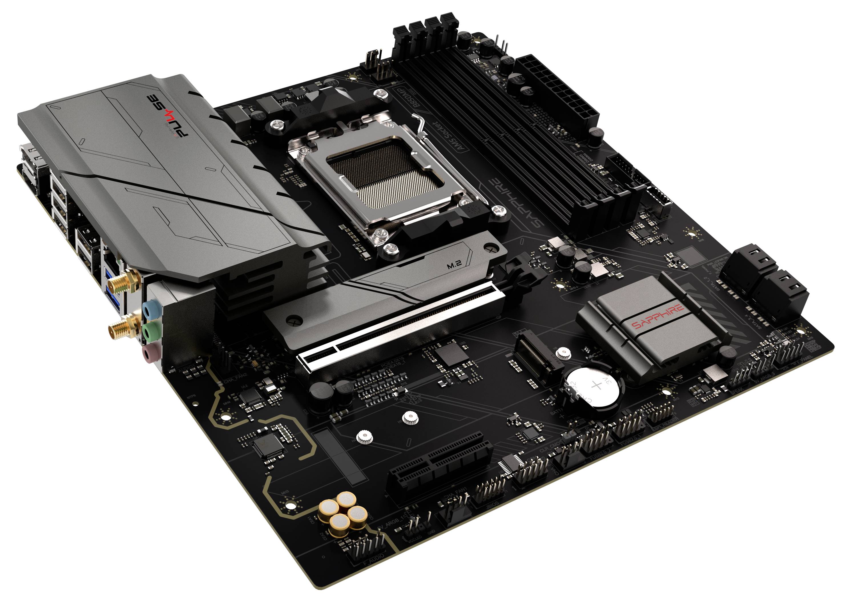 Eine schwarze Computerplatine mit einem CPU-Sockel, RAM-Steckplätzen und verschiedenen Anschlüssen und Chips.