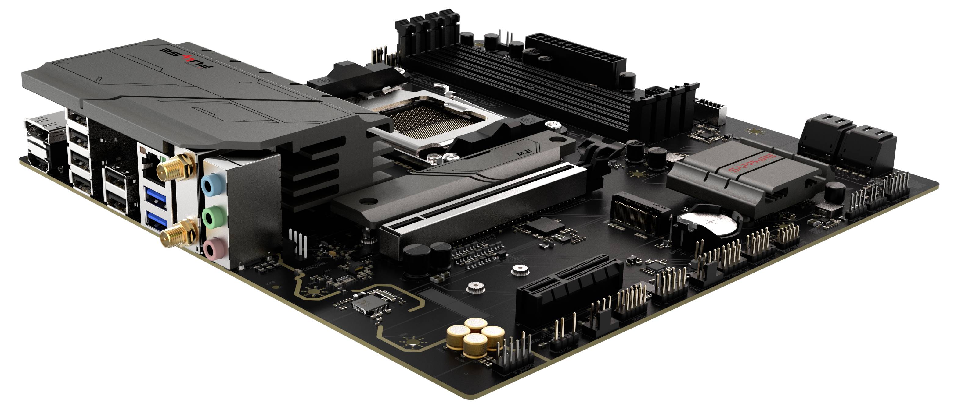 Eine Hochleistungs-Computerplatine mit mehreren Anschlüssen, RAM-Steckplätzen und einem CPU-Sockel, entwickelt für anspruchsvolle Rechenaufgaben.