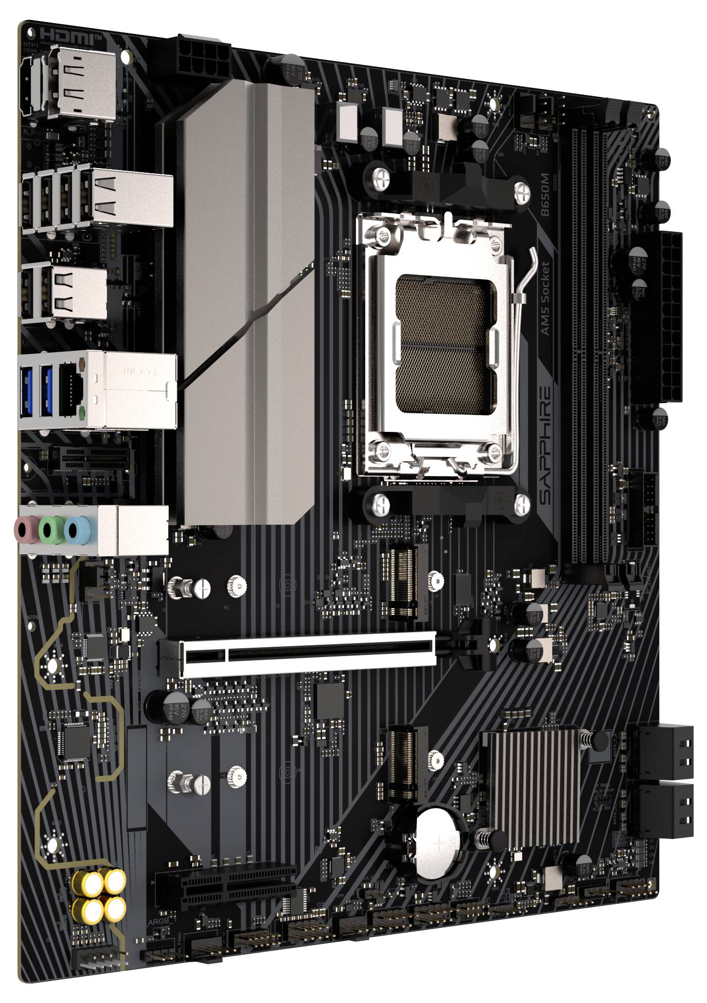 Eine Computermotherboard mit verschiedenen Steckplätzen und Anschlüssen, einschließlich PCIe-Steckplätzen, RAM-Sockeln und USB-Anschlüssen. Der CPU-Sockel ist deutlich sichtbar.