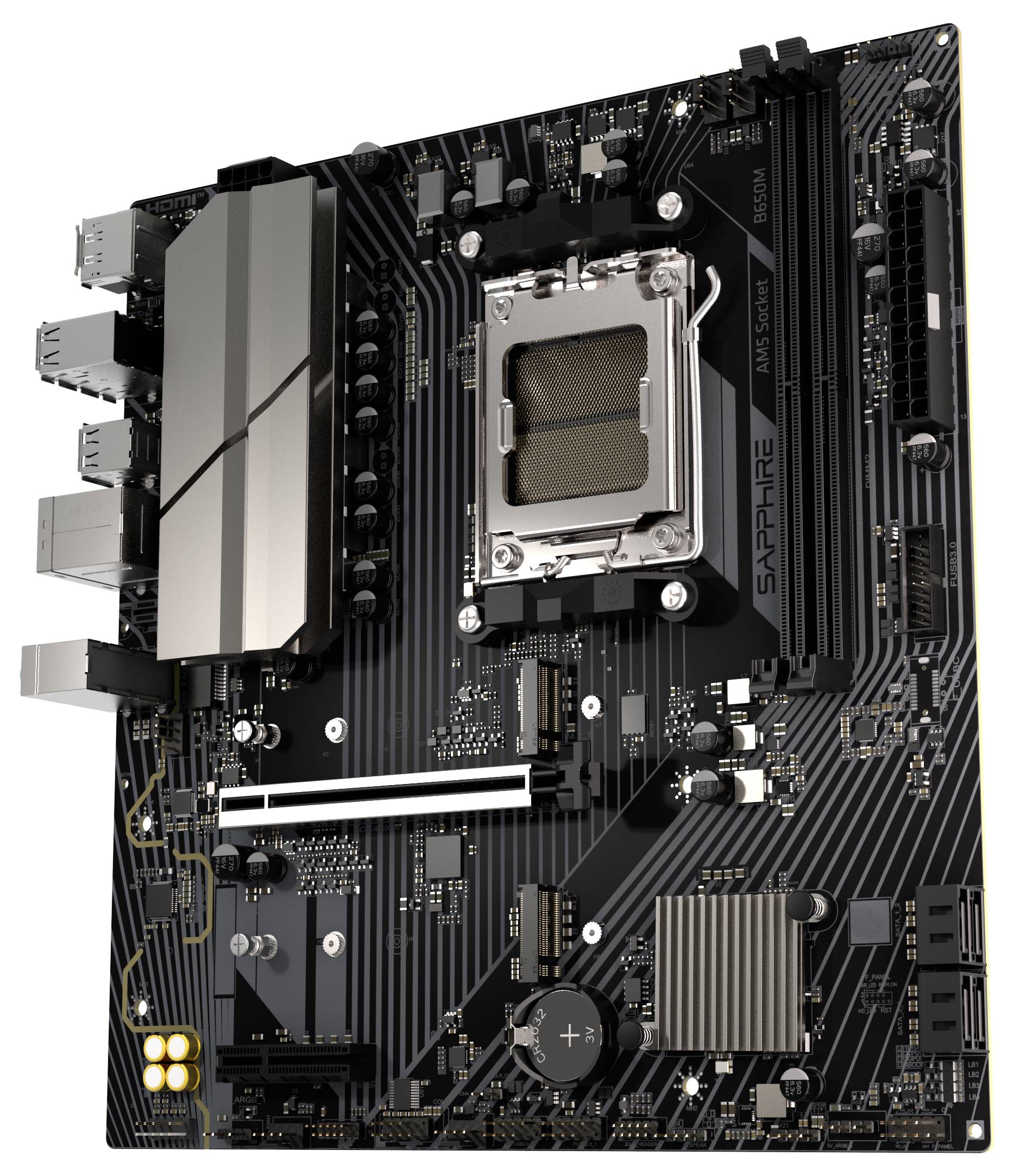 Eine schwarze Computerplatine mit einem hervorstechenden CPU-Sockel, mehreren PCI-Steckplätzen und verschiedenen Anschlüssen an der Seite.