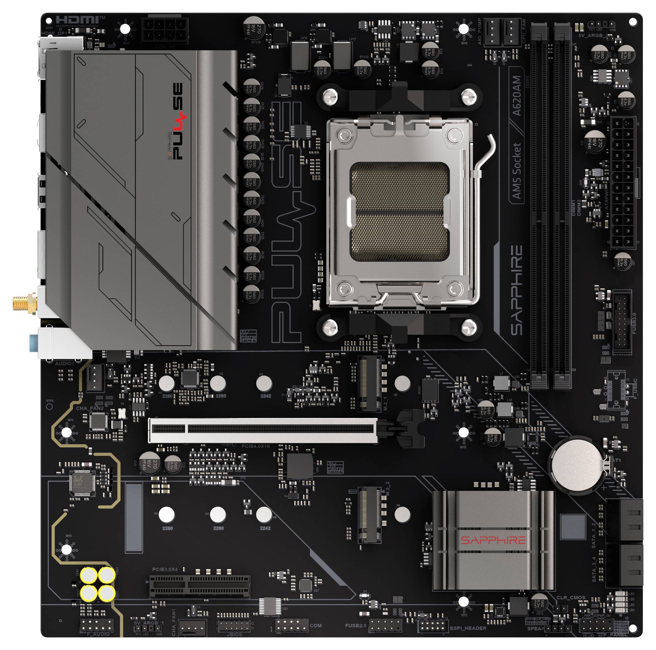 Mainboard mit mehreren Steckplätzen und Anschlüssen, einschließlich eines großen CPU-Sockels, RAM-Steckplätzen und verschiedenen Ports, entwickelt für den Computeraufbau.