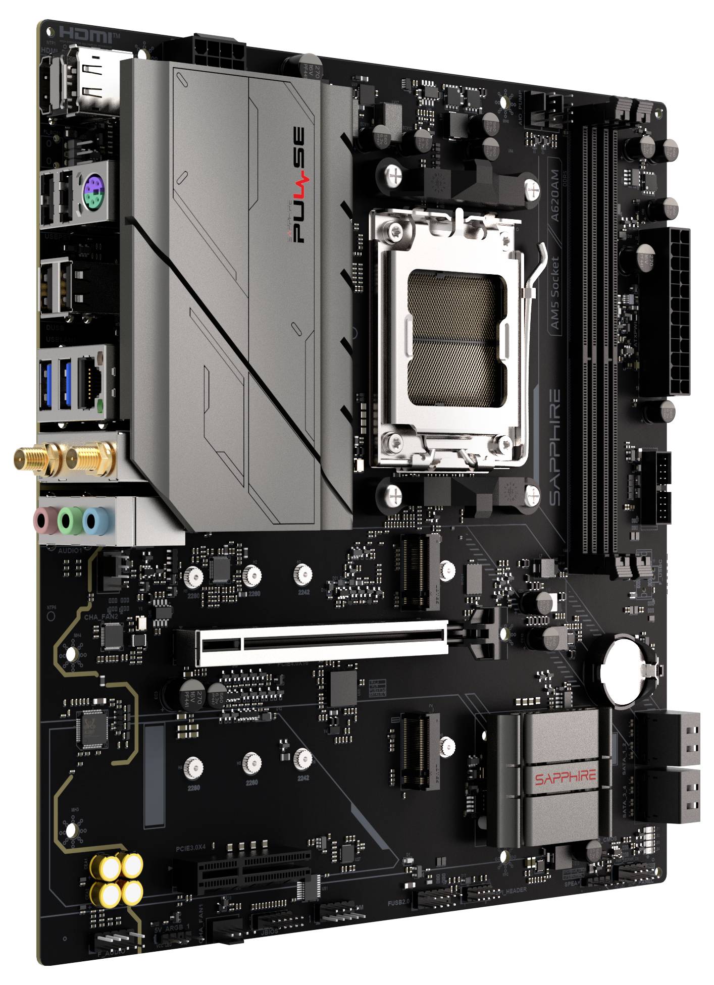 Eine Computerhauptplatine mit verschiedenen Steckplätzen und Anschlüssen, einschließlich RAM-Steckplätzen, CPU-Sockel, PCIe-Steckplätzen, USB-Anschlüssen und Audioports, mit Fokus auf Design und Anordnung.