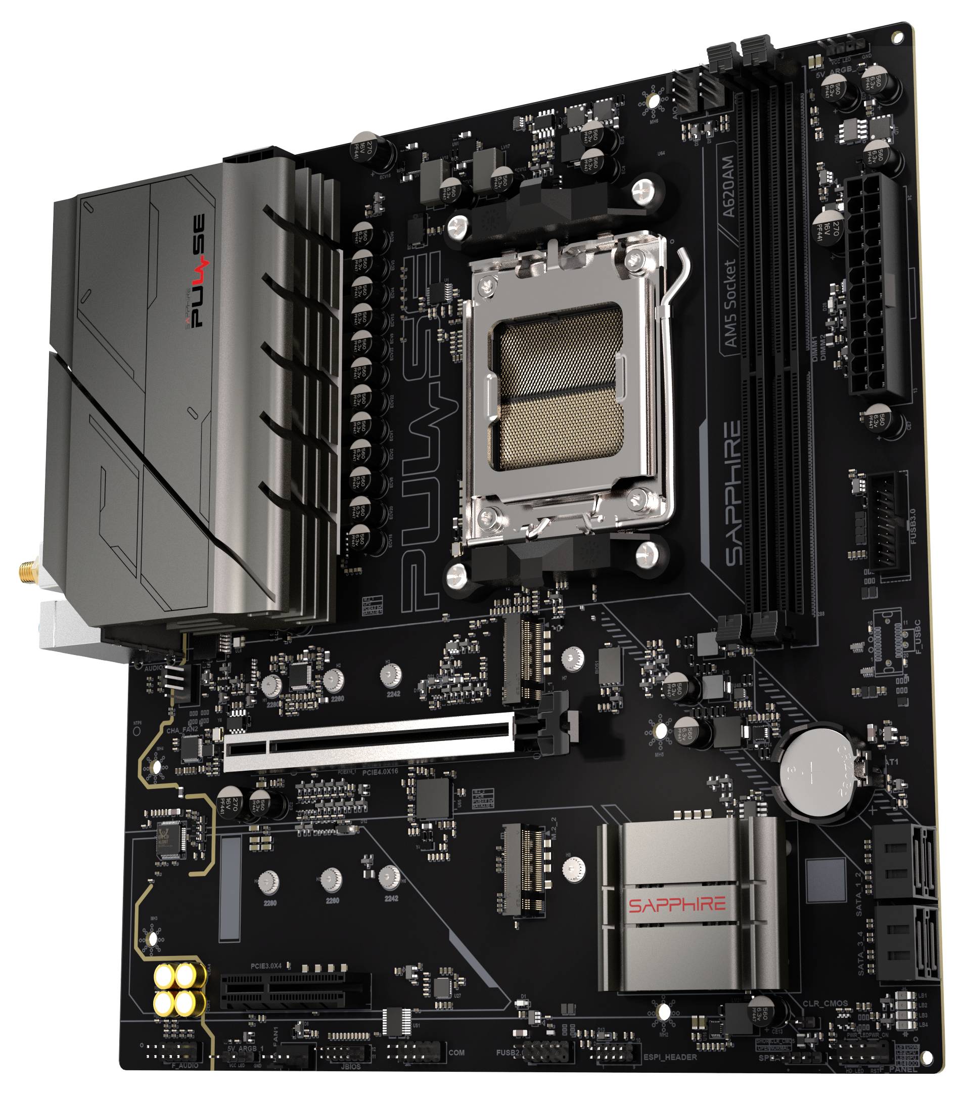 Eine Computermotherboard mit beschrifteten Steckplätzen für CPU, RAM und GPU. Das Design ist schwarz mit silbernen Akzenten und erkennbarem Text 'Sapphire'.