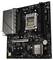 Eine Computermotherboard mit beschrifteten Steckplätzen für CPU, RAM und GPU. Das Design ist schwarz mit silbernen Akzenten und erkennbarem Text 'Sapphire'.
