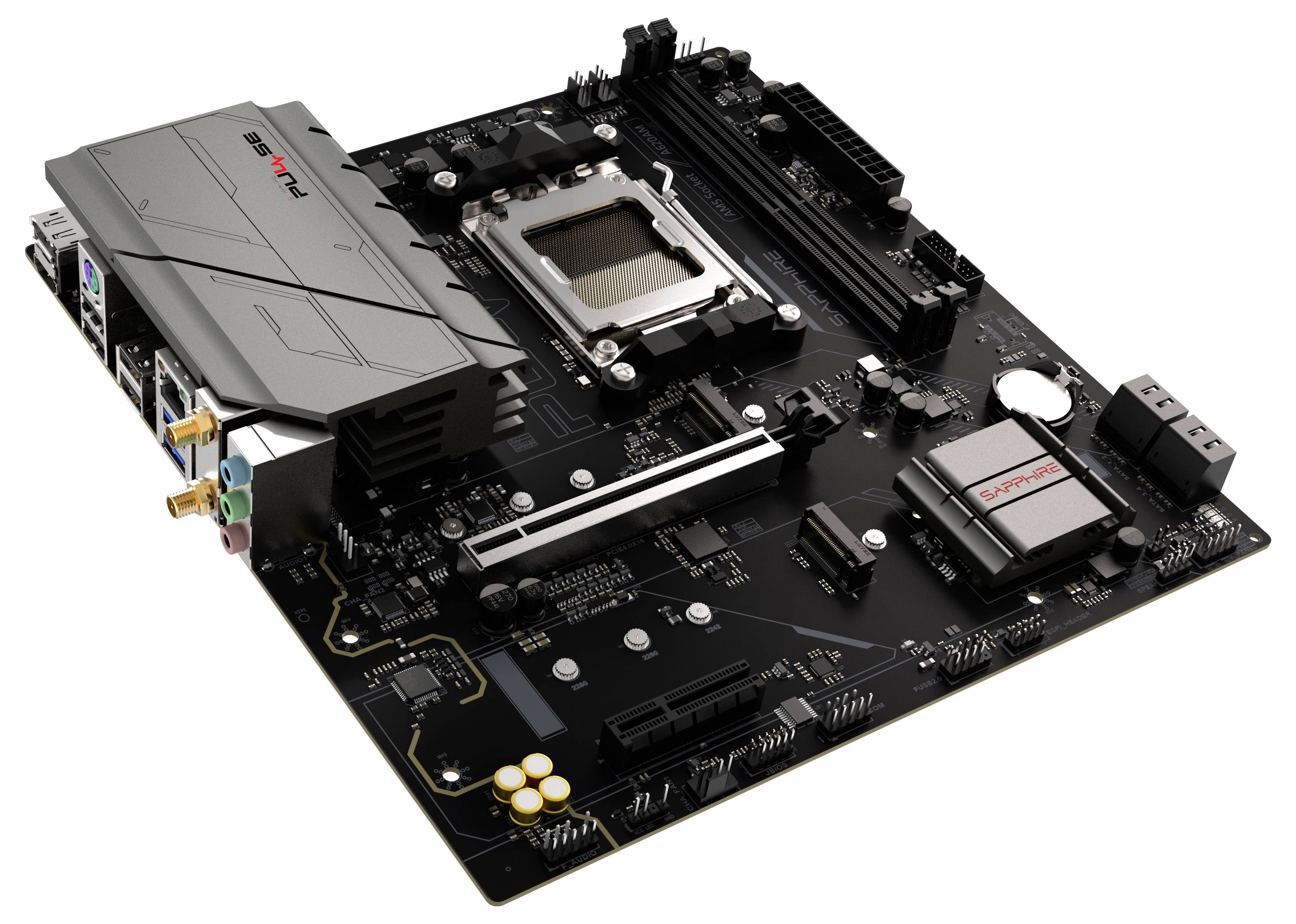 Computerplatine mit verschiedenen Anschlüssen, Steckplätzen und Komponenten, einschließlich CPU-Sockel, RAM-Steckplätzen und Kühlkörpern, die ihre komplexe Schaltkreisstruktur veranschaulicht.