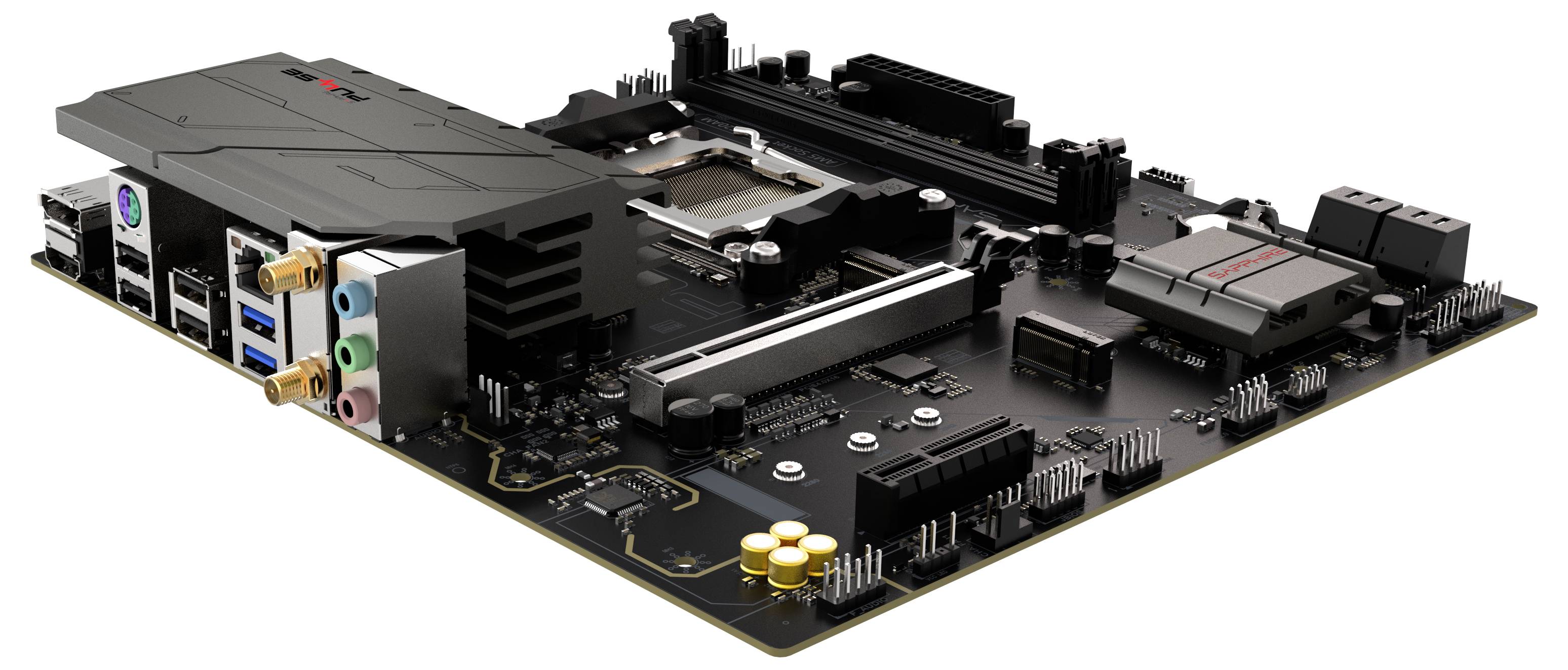 Eine schwarze Computermotherboard mit verschiedenen Anschlüssen, Steckplätzen und Komponenten, einschließlich RAM-Steckplätzen, PCIe-Steckplätzen und Audioports, aus einem Winkel betrachtet.