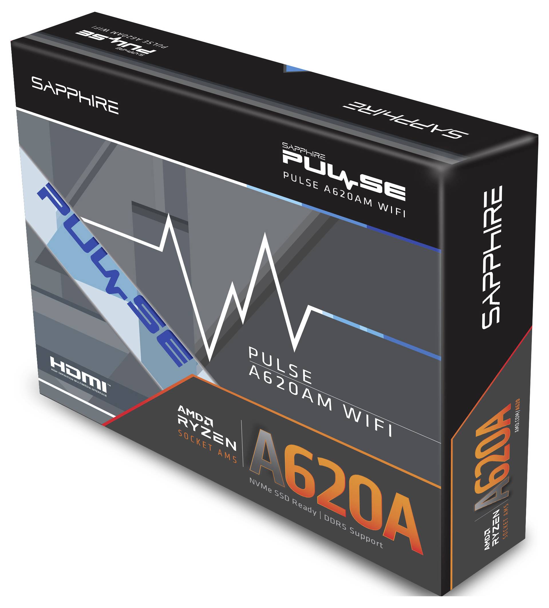 'Sapphire Pulse A620A WiFi Mainboard-Verpackung mit AMD Ryzen-Unterstützung, HDMI-Funktion und hervorgehobener DDR5-Kompatibilität.'