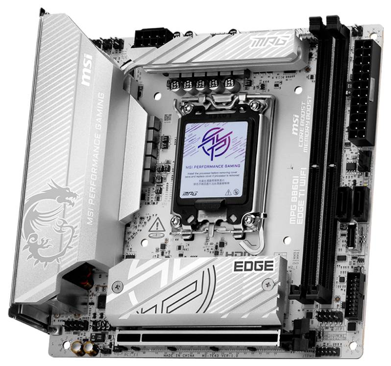 Eine weiße MSI MPG B660I EDGE WIFI DDR4 Mainboard, entwickelt für kompakte Gaming-Setups, mit mehreren Anschlüssen und Steckplätzen für individuelle Anpassungen.