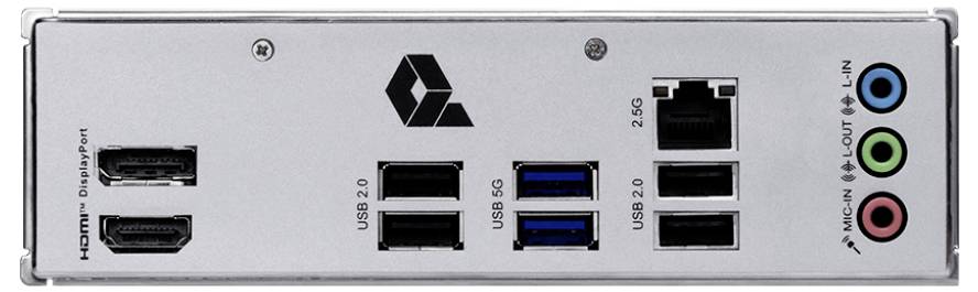 Das Bild zeigt die Rückseite eines Computers mit verschiedenen Anschlüssen: zwei HDMI/DisplayPort, zwei USB 2.0, zwei USB 3.0, einen USB-C, Ethernet und Audioausgänge.