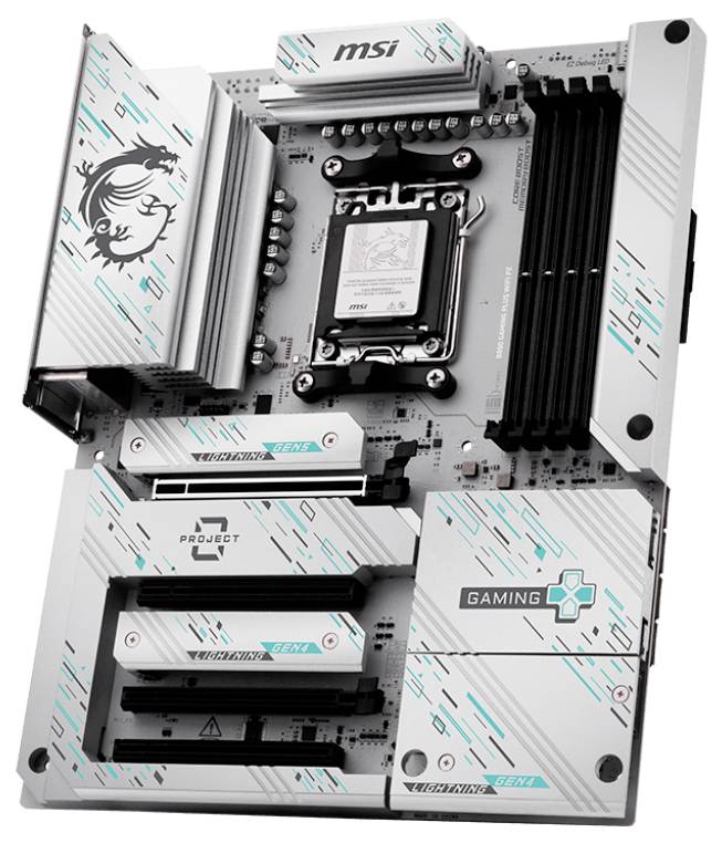 Eine High-Tech-Gaming-Mainboard mit weißem und türkisfarbenem Design, das mehrere Steckplätze für RAM, Grafikkarten und einen zentralen Prozessorslot aufweist.