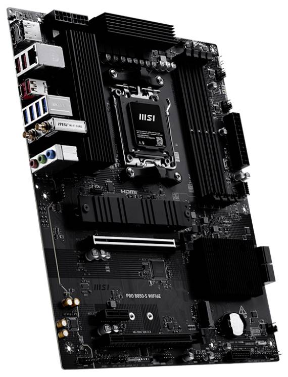 Eine schwarze MSI PRO B650-S WIFI Mainboard mit mehreren Anschlüssen und Steckplätzen für einen Prozessor, RAM und Erweiterungskarten.