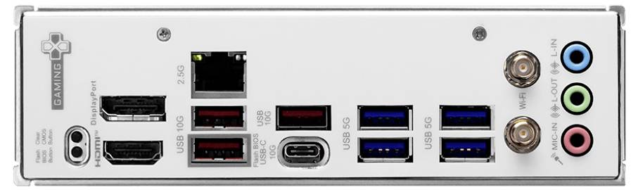 Rückseite eines Mainboards mit USB-Anschlüssen, Ethernet-Anschluss, HDMI, DisplayPort, Audioausgängen und Antennenanschlüssen.