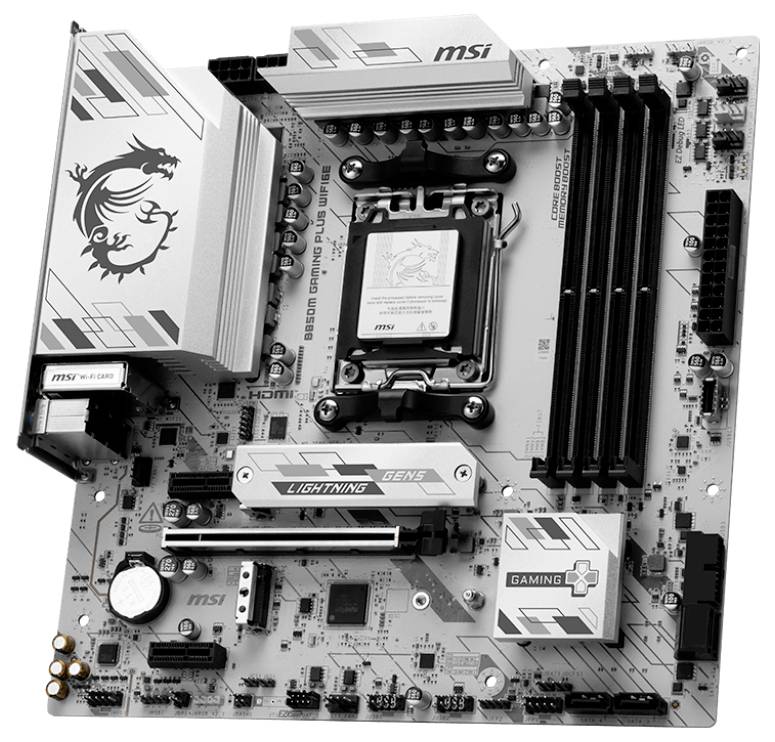 MSI Z490 Mainboard mit hervorgehobenem CPU-Sockel, vier RAM-Steckplätzen, PCIe-Steckplätzen und verschiedenen Anschlussports. Gestaltet mit Silber- und Grauakzenten.