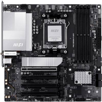 Schwarzes MSI B650M Mainboard mit mehreren PCIe-Steckplätzen, RAM-Slots, HDMI-Anschluss und Kühlkörpern, das fortschrittliche Konnektivitätsoptionen hervorhebt.
