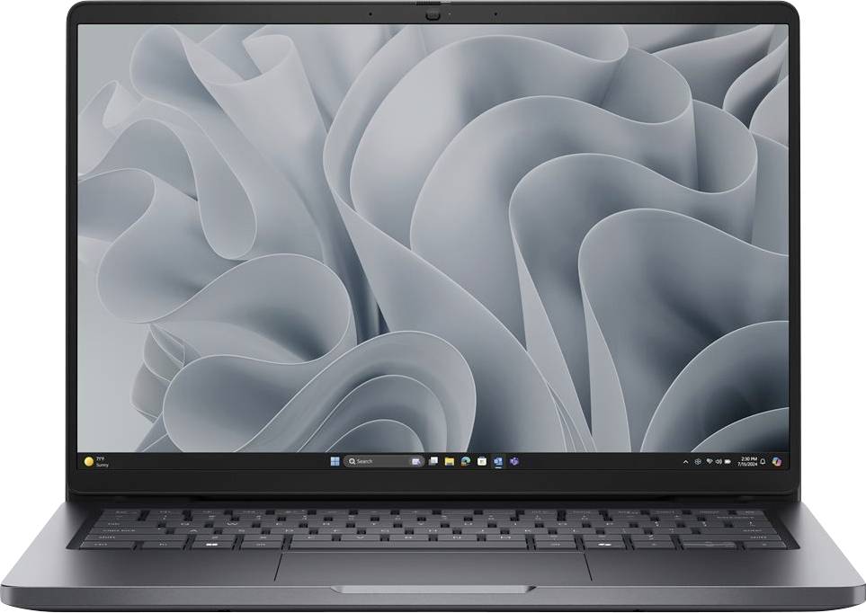Ein Laptop mit elegantem Design und einem abstrakten grauen Wirbel-Hintergrund auf dem Bildschirm, der ein typisches Desktop-Layout zeigt.
