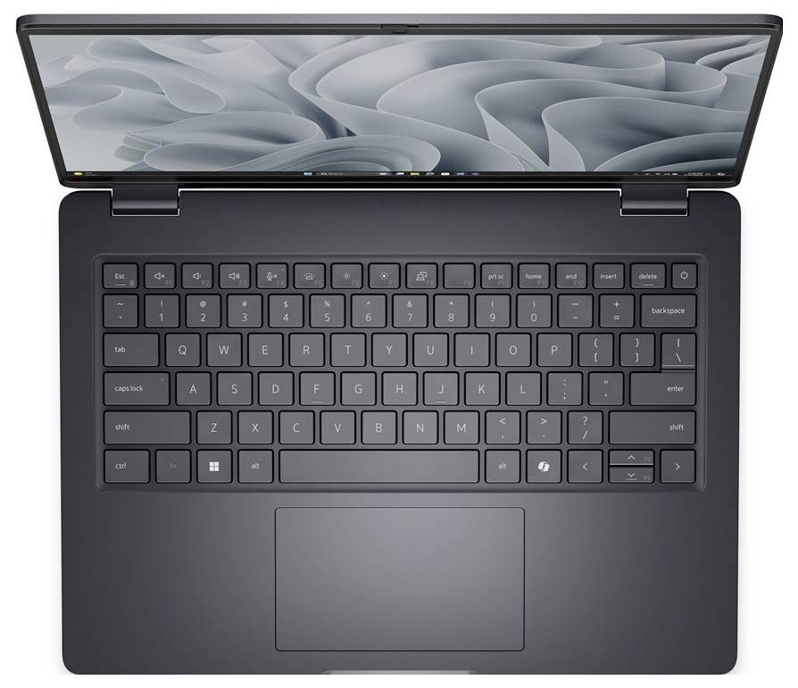 Ein schwarzer Laptop mit sichtbarer Tastatur und einem abstrakten Muster auf dem Bildschirm, von oben betrachtet.