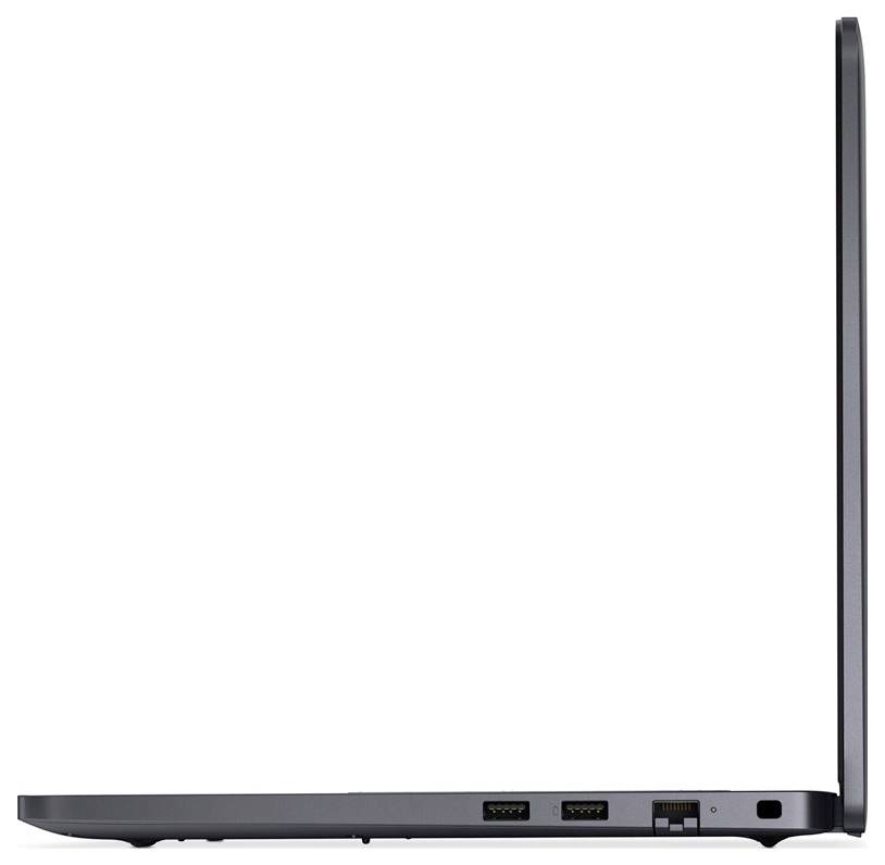 Seitenansicht eines offenen Laptops, der USB-Anschlüsse und einen Ethernet-Anschluss an der Seite zeigt, mit einem dünnen Design und dem teilweise sichtbaren Bildschirm.