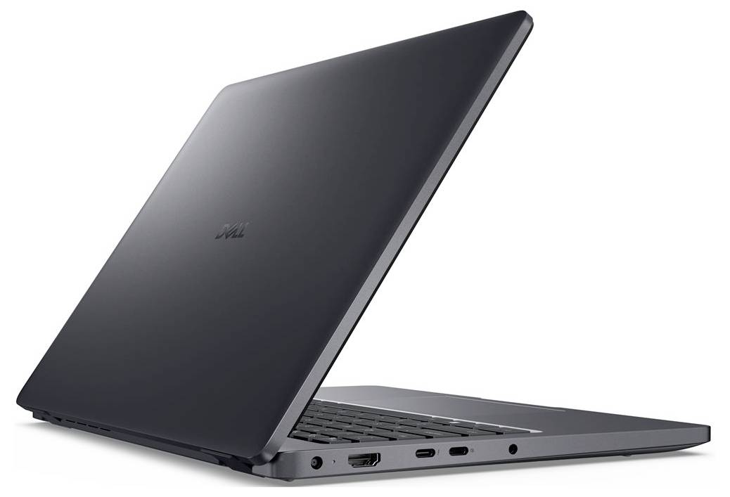Ein schlanker schwarzer Laptop von der Seite, der Anschlüsse auf der linken Seite sowie einen Teil der Tastatur und des Bildschirms zeigt.