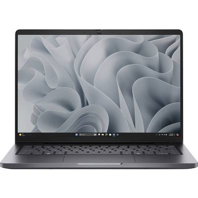 Ein Laptop, der ein graues abstraktes Wellenmuster auf seinem Bildschirm zeigt, mit Icons am unteren Rand, die typische Desktop-Funktionen andeuten.