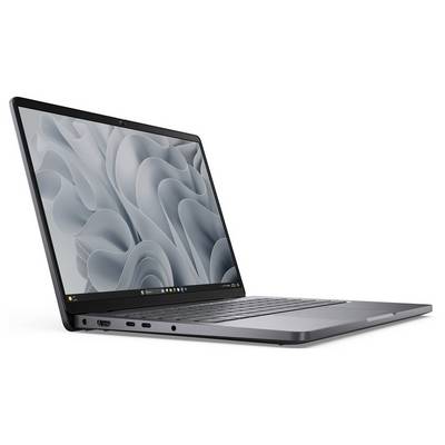 Ein schlanker, offener Laptop mit einem strukturierten, wellenförmigen Muster auf dem Bildschirm. Der Laptop wird aus einem Winkel betrachtet und zeigt mehrere Anschlüsse an der Seite.