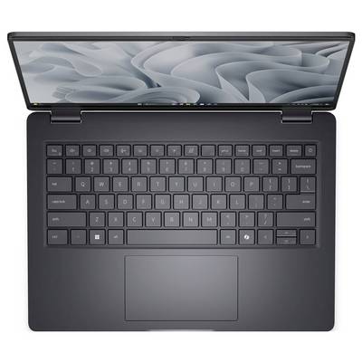 Geöffneter grauer Laptop mit sichtbarer Tastatur und abstraktem Design auf dem Bildschirm, von oben betrachtet.