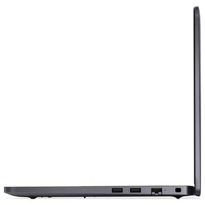 Seitenansicht eines geöffneten, schlanken Laptops, der zwei USB-Anschlüsse und einen Ethernet-Anschluss am Rand zeigt. Der Bildschirm ist dünn und teilweise sichtbar.