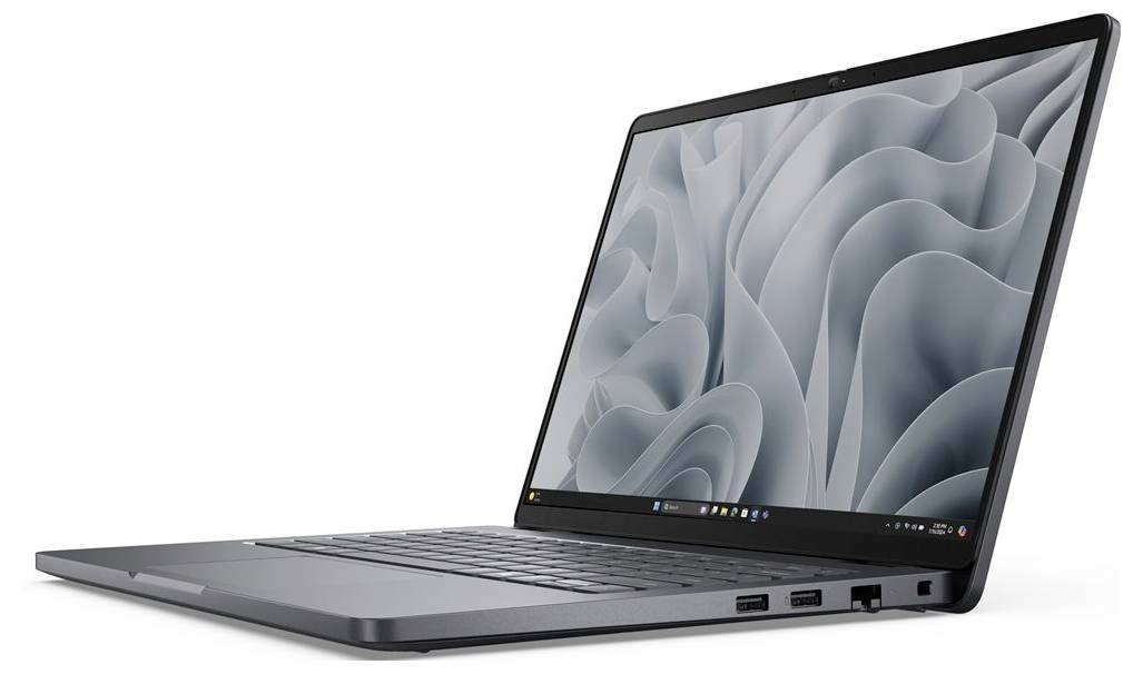 Ein schlankes, modernes Laptop mit einem hochauflösenden Display, das abstrakte graue Muster zeigt. Das Gerät verfügt über mehrere sichtbare USB-Anschlüsse an der Seite.