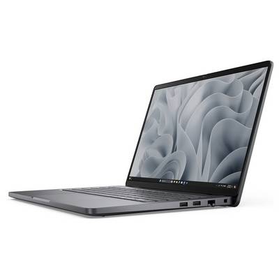 Ein schlankes, modernes Laptop mit einem hochauflösenden Display, das abstrakte graue Muster zeigt. Das Gerät verfügt über mehrere sichtbare USB-Anschlüsse an der Seite.