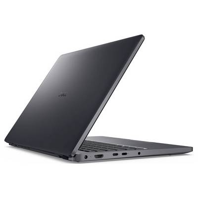 Ein schlanker, geöffneter Laptop in Seitenansicht, der Anschlüsse und ein schlankes Design zeigt, vor einem schlichten weißen Hintergrund.
