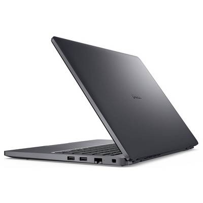 Ein silberner Laptop ist teilweise geöffnet und zeigt seine linke Seite mit sichtbaren USB-Anschlüssen und Tastatur. Das Gerät ist nach rechts geneigt.