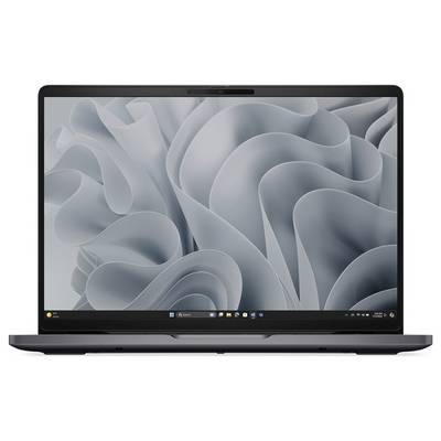 Ein Laptop mit einem grauen, abstrakten, geschwungenen Hintergrund auf dem Bildschirm, auf dem eine Desktop-Taskleiste mit verschiedenen Symbolen zu sehen ist.