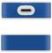 Zwei Ansichten eines blauen USB-C-Geräts, die einen Anschluss an der Oberseite und eine glatte Oberfläche an der Unterseite zeigen.