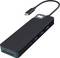 Ein schwarzer USB-C-Hub mit mehreren Anschlüssen, einschließlich HDMI, USB, SD-Karte und Ethernet, vor einem weißen Hintergrund.