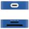 Blauer Dual-Port-Adapter mit USB-C oben und Micro SD/SD-Kartensteckplatz unten, mit der Beschriftung Micro SD/SD, für Datentransfer.