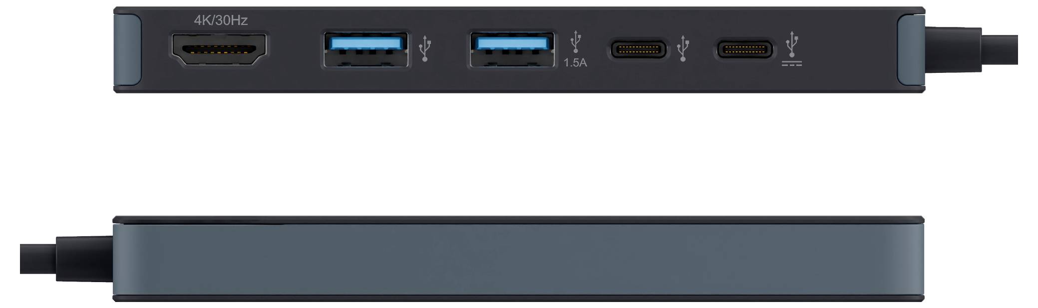 Ein schlanker, rechteckiger USB-C-Hub verfügt über HDMI, zwei USB-A 3.0- und zwei USB-C-Anschlüsse, wodurch Verbindungen mit mehreren Geräten möglich sind.