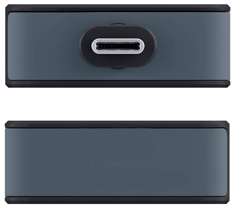 Zwei Ansichten eines USB-C-Hubs, die sein schlankes, rechteckiges Design präsentieren. Die Draufsicht zeigt den USB-C-Anschluss, während die Unterseite eine ebene Oberfläche aufweist.