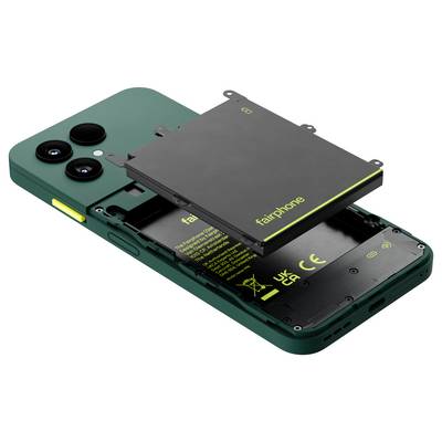 Ein grünes Smartphone mit einem herausnehmbaren Akku, der teilweise herausgenommen wurde und dabei das Design für einfache Wartung und Umweltfreundlichkeit hervorhebt.