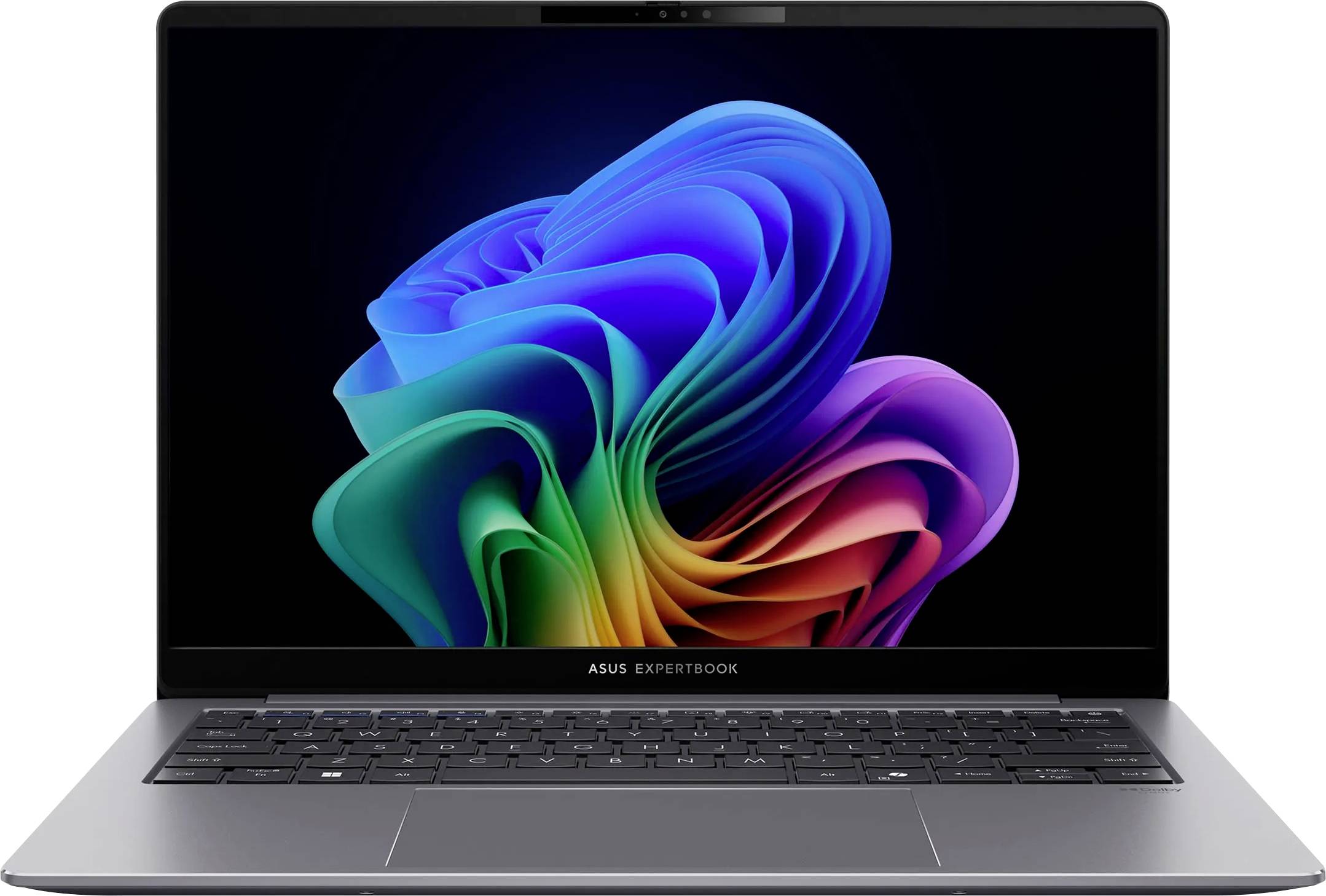 Ein Laptop mit einem bunten abstrakten Design auf dem Bildschirm, ausgestattet mit einer silbernen Tastatur und dem Markennamen 'Asus ExpertBook' unterhalb des Displays.