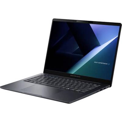 Ein schlanker, dunkelgrauer Laptop mit schmaler Einfassung und einem leuchtenden Bildschirm, der einen geometrischen abstrakten Hintergrund zeigt, mit der Markenbezeichnung "ASUS ExpertBook".