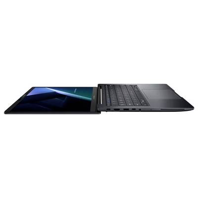 Ein schlanker, schwarzer Laptop, von der Seite gezeigt, mit dem Bildschirm flach ausgelegt. Das Gerät verfügt über mehrere Anschlüsse und hebt damit seine Konnektivitätsoptionen hervor.
